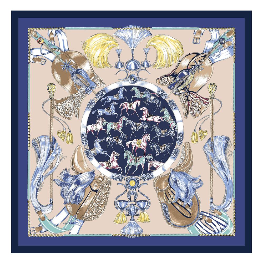 POBING Silk Scarf Women Large Shawls Spain Horse Square Scarves Wraps Bandana Luxury Kerchief Hijab Scarf Female Foulards 130CM