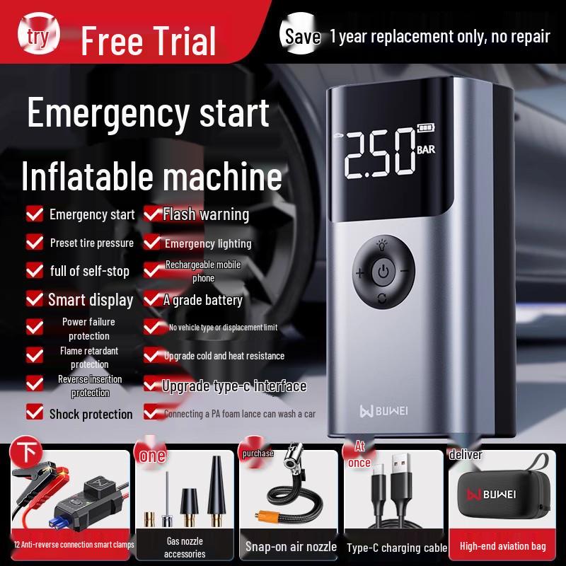 Car Emergency Power Supply & Tire Inflator with Built-in Backup Battery & Jumper Cables