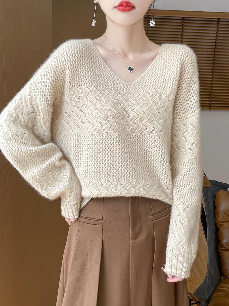 Women's Cashmere V-Neck Hollow Jacquard Pullover Sweater, Autumn/Winter Collection