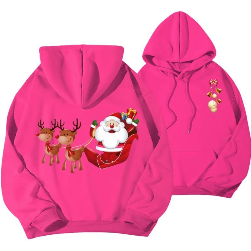 Cute Cartoon Flying Reindeer Santa Claus Graphic Unisex Hooded Sweatshirt, Loose-fit Winter Xmas Streetwear