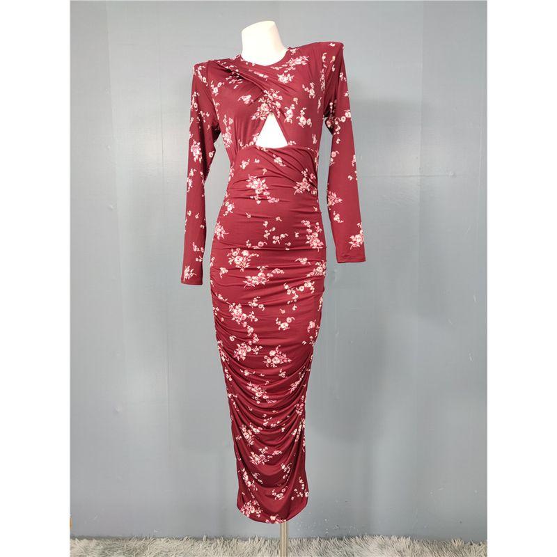 

Foreign Trade Order R Home Exquisite Print Elastic Drawstring Strap High Quality Fashion Banquet Party Eye-Catching Dress Women Fuchsia Leaky Chest S