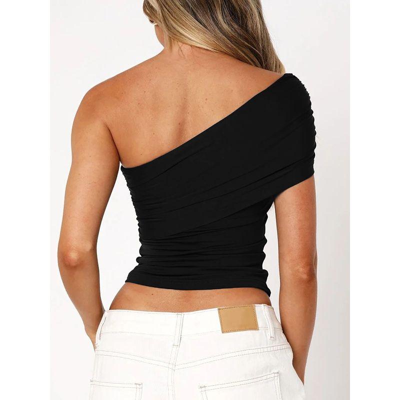Shemoda Stylish Asymmetric Shoulder Diagonal Collar Pure Color T-shirt Female Sexy Sexy Pleated High Waist Silm Tops