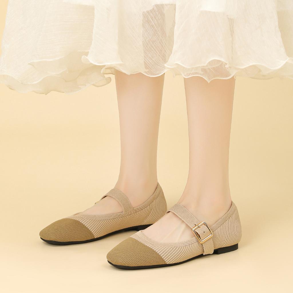 Fashion square toe mixed color knitted flats women ankle strap mary janes shoes spring summer weaving moccasins for woman cozy loafers
