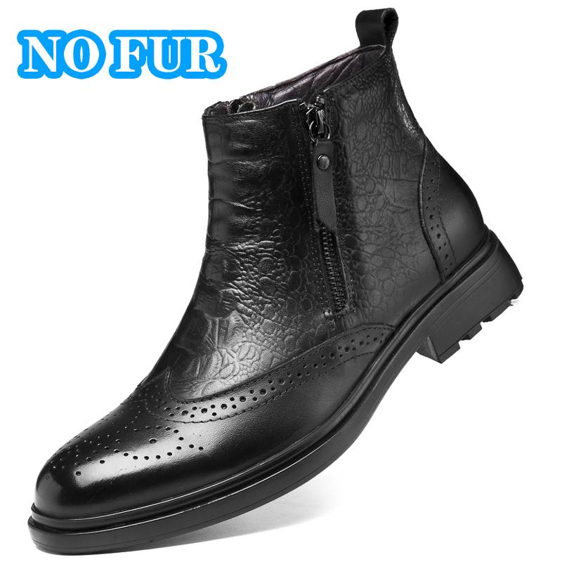 Fashion High Quality Genuine Leather Men Chelsea Boots Luxury Brand Brogue Shoes Fashion Casual Warm Plush Ankle Boots Snow Basic Boots