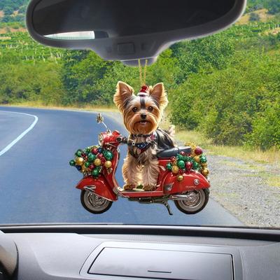Christmas Dog Car Ornament 2D Flat Acrylic Pendant Rearview Mirror Charm Lifelike Puppy Car Ride Decor Puppy Lover Gift
