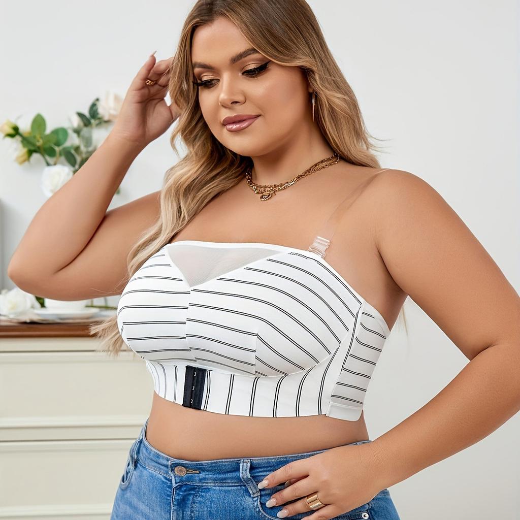 Large Size Black and White Stripes Mesh Pattern Breathable Seamless Underwear Fashionable Side Breast Control Detachable Bra