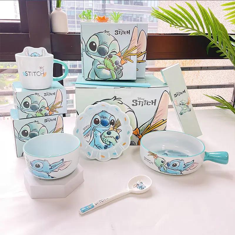 Disney Stitch Tableware Set Household Cartoon Ceramic Rice Bowl Spoon Chopsticks Rice Bowl Cute Children's Gift