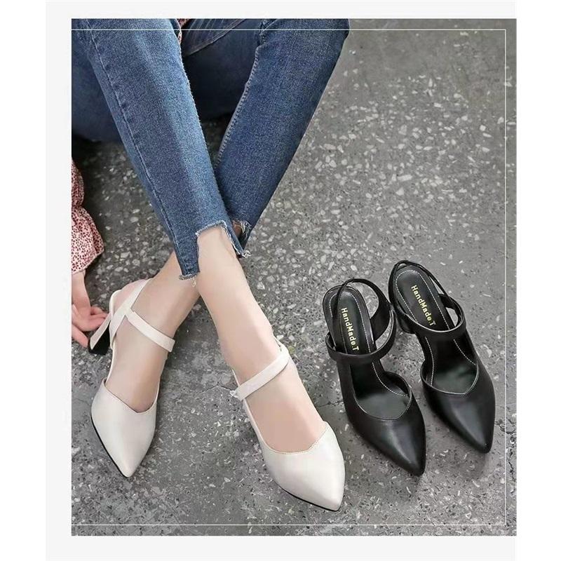 34-42 Soft Leather High Heels Women's Pointed Toe Baotou All-match Thick Heel One-word Belt Mother Sandals