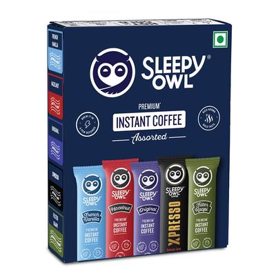 Sleepy Owl Pack of 10 Premium Instant Coffee Sachets | 2g Each - Flavoured Coffee Pouch | 5 Delicious Flavours - Original/Hazelnut/French Vanilla
