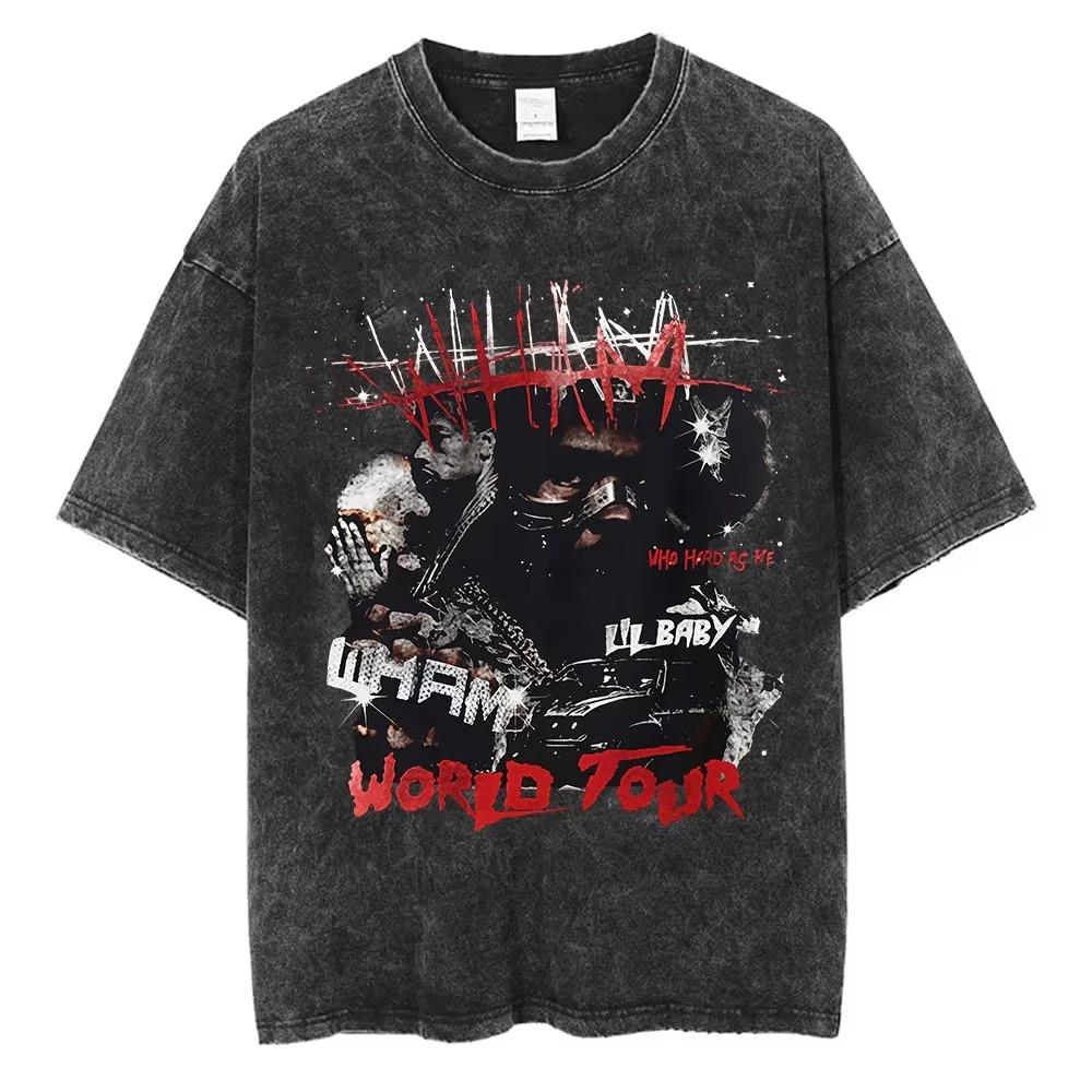 Women's Hip Hop Rap Short Sleeve T-shirt Lil Baby Wham World Tour Merch T-shirt Retro Washed High Quality T-shirt