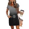 Women's Summer V-neck T-shirt Casual Short Sleeve Drawstring With Pocket Gradient Casual Dresses