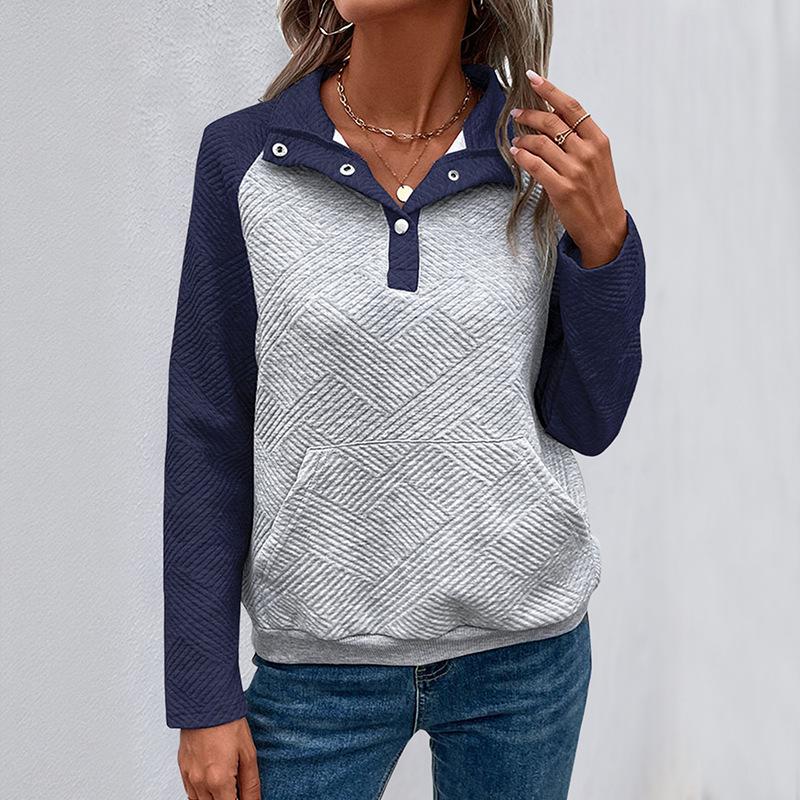 Women's Autumn 2026 Color Block Polo Collar Hoodie - Casual and Stylish Pullover
