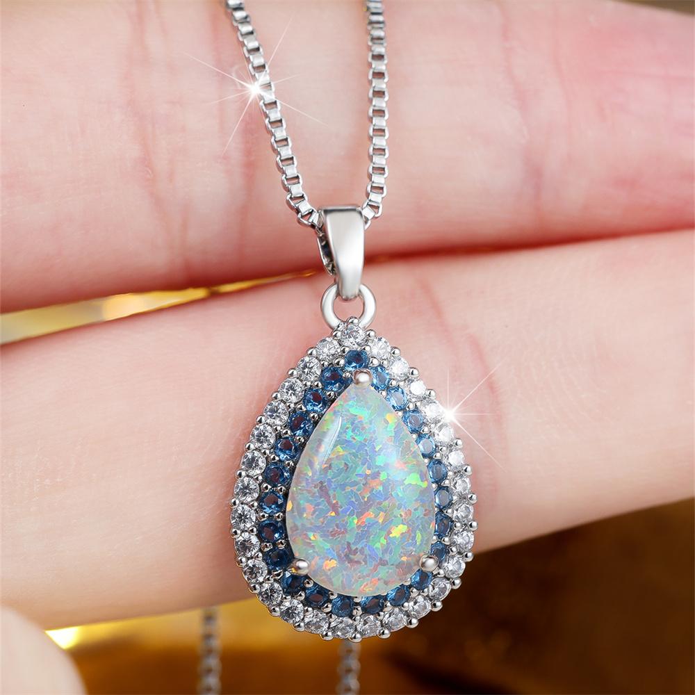 Grande Ciondolo in Pietra a Goccia d'Acqua Collane in Opale di Fuoco Bianco per Donna Catena Color Argento Vintage Zircone Rosso Rosa Blu Gioielli da Matrimonio