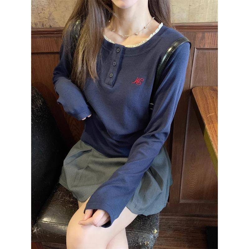 Women Embroidered Design Half Open Collar Long Sleeve Casual Layering T Shirt
