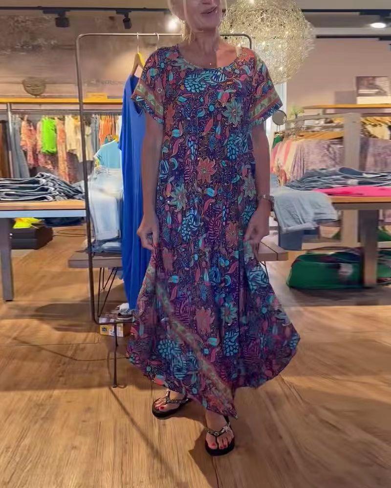 2024 Amazon cross-border new color retro short-sleeved printed dress women S