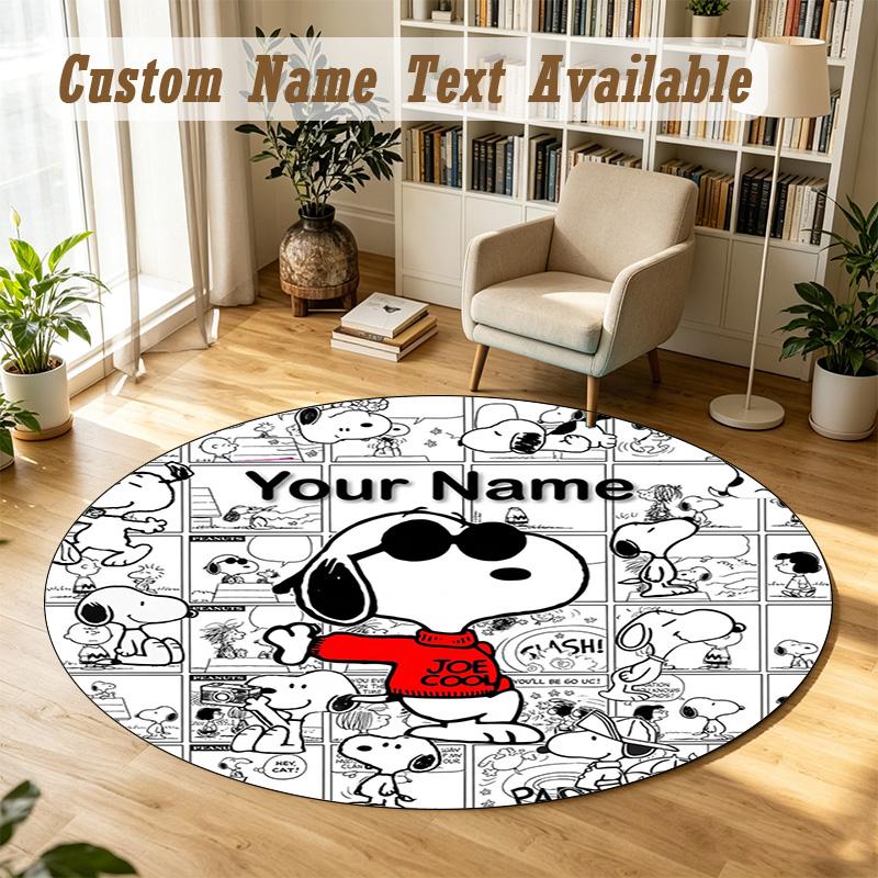 Snoopy Peanuts Personalized Round Rug Support Custom Name, Soft Home Decor Mat