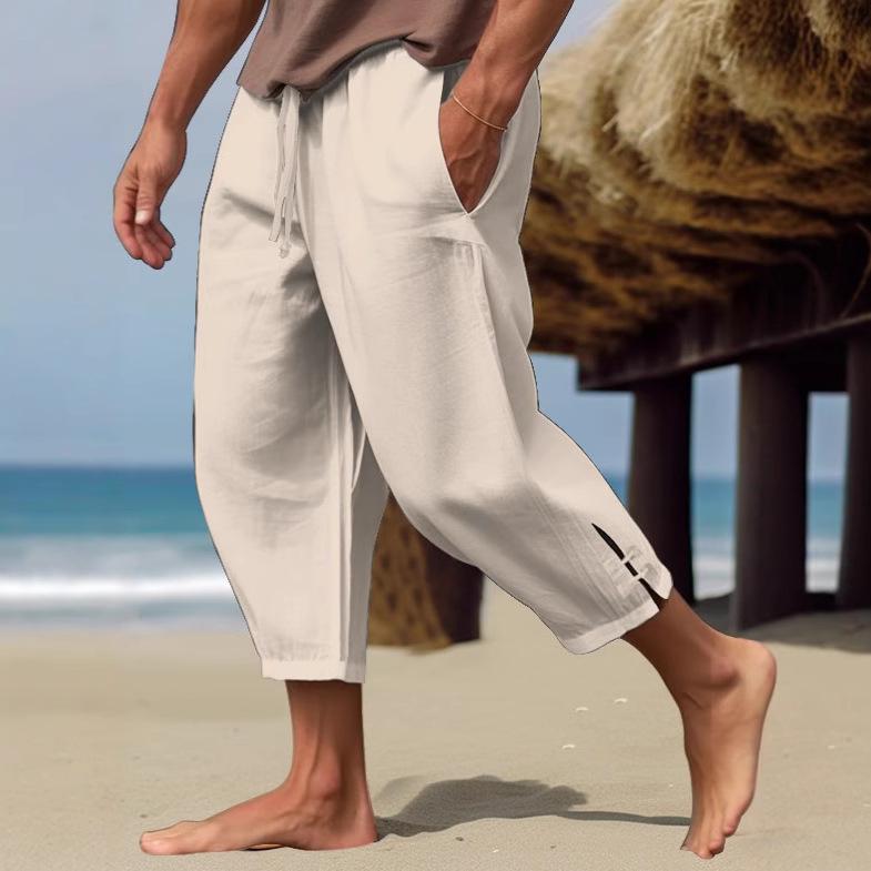 

Waist Drawstring Pocket Cotton Linen Beach Pants Men’s Casual Pants XXXL зелений