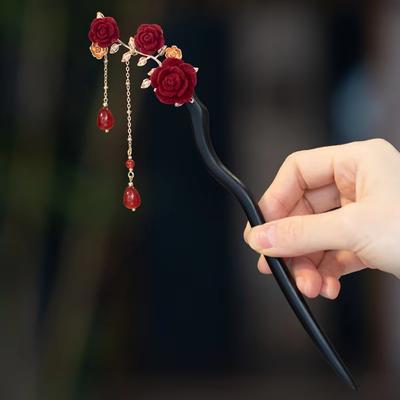 Red Rose Chinese Hair Stick Ancient Style Vintage Hairpin Flower Hair Forks  For Women