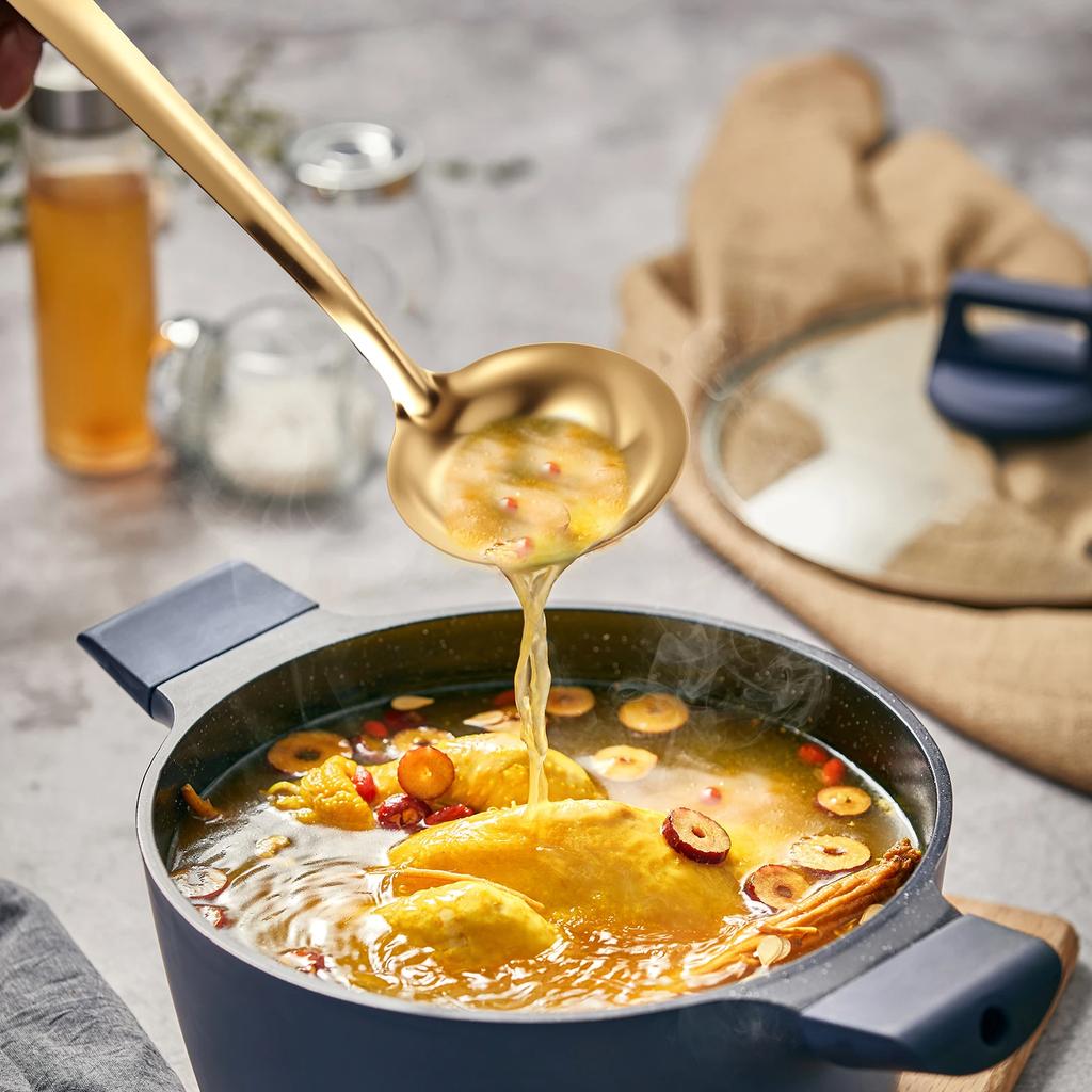 6-teiliges Edelstahl-Küchengeschirr-Set, Home Creative Koreanischer goldener Suppenlöffel, Schaumlöffel, Hot-Pot-Löffel, Küchenkoch-Bratwerkzeuge