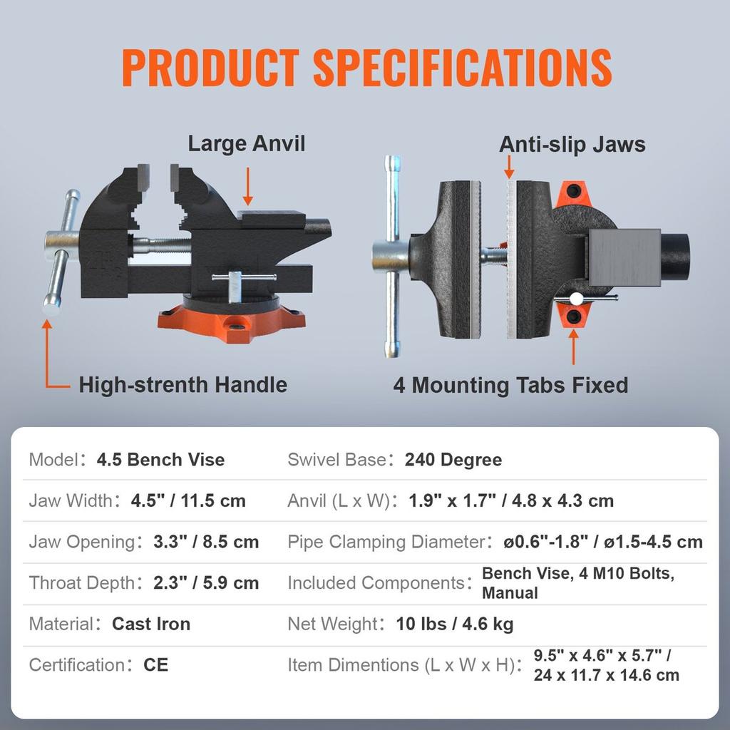Bench Vise, 4.5-inch Jaw Width 3.3-inch Jaw Opening , 240-Degree Swivel Locking Base Multipurpose Vise w/ Anvil, Heavy Duty Cast Iron Workbench Vise