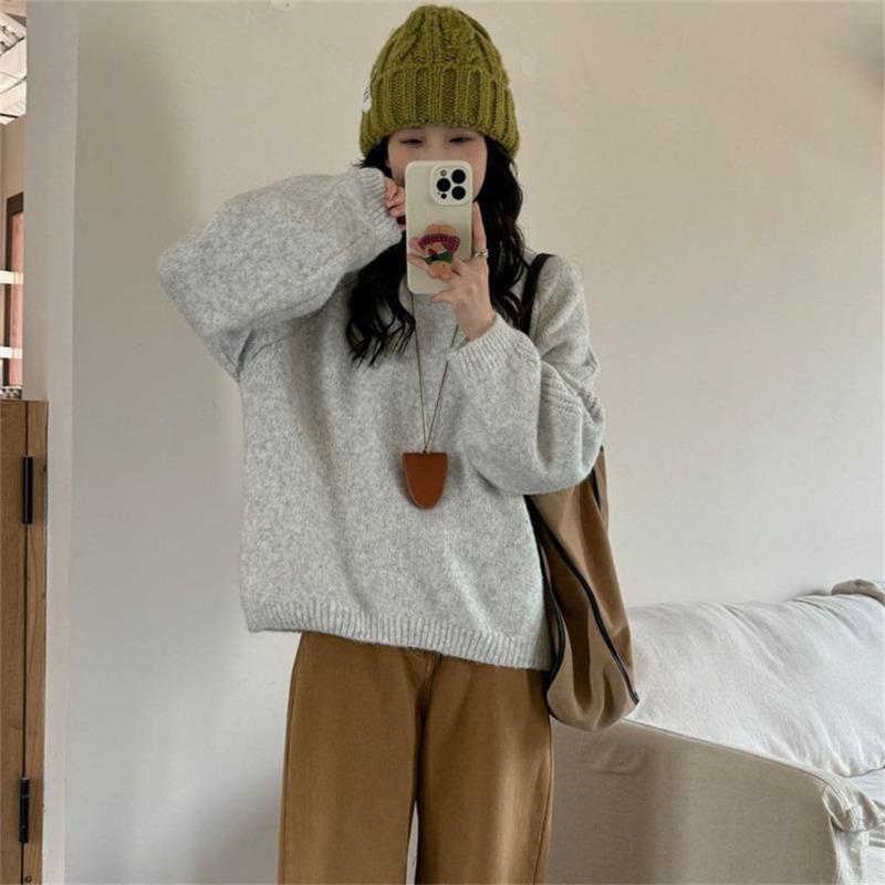 Lazy wind round neck pullover sweater women's autumn and winter new loose and thin soft waxy outer knitted sweater top