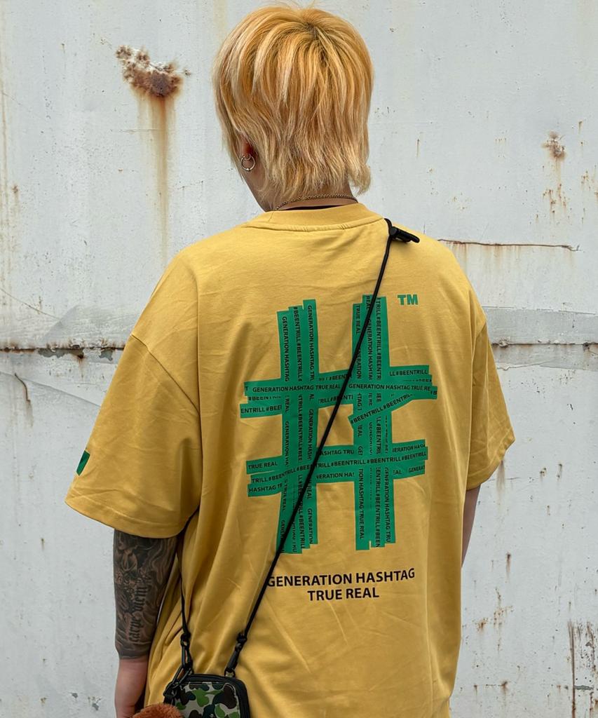 BEENTRILL Green Taping Hashtag Oversized Short Sleeve T-Shirt (Mustard)