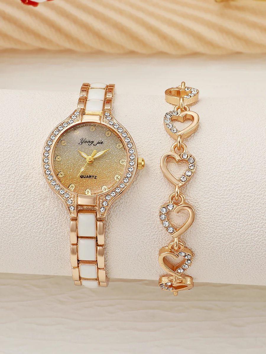 

Новые простые простые модные бриллиантовые круглые часы в стиле ретро, кварцевые, повседневные женские наручные часы и браслет, набор из двух предметов золотой