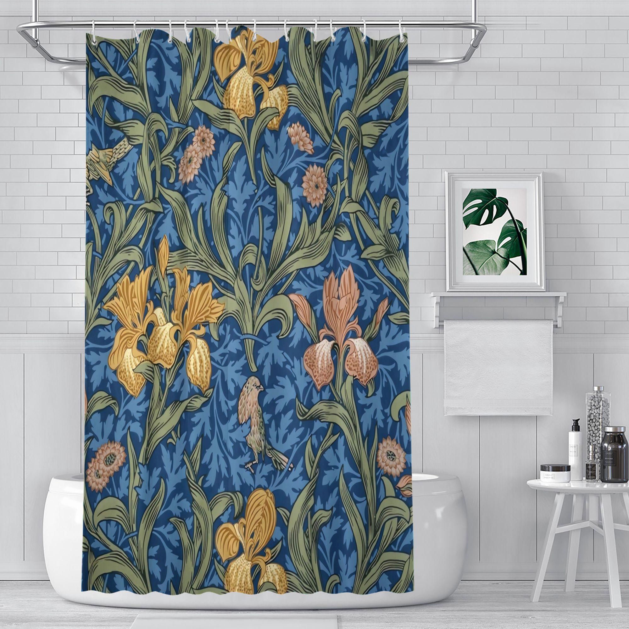 Pandara Jewelry William Morris Iris & Bird Shower Curtain – Authentic Arts & Crafts Pattern, 12 Hooks, Vintage Botanical Bathroom Decor