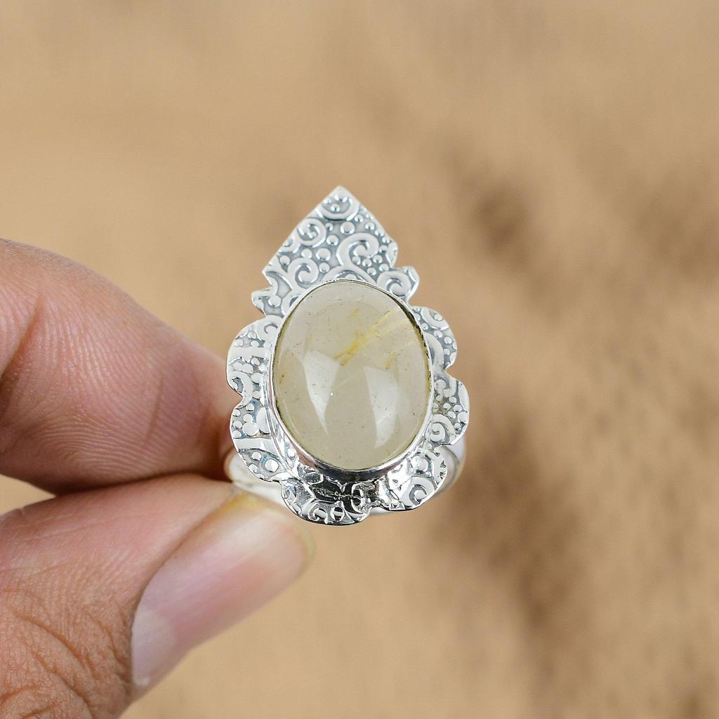 Birthday Gift For Her Natural Golden Rutile Promise Adjustable Ring 925 Silver