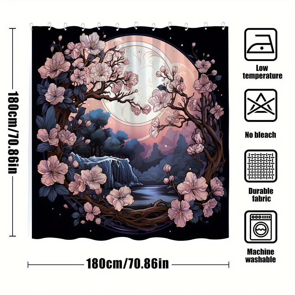 1Pc Moonlit Cherry Blossoms Shower Curtain - Pink & White Floral Design With Waterfall Lake & Full Moon, 70X70 Inches, Machine