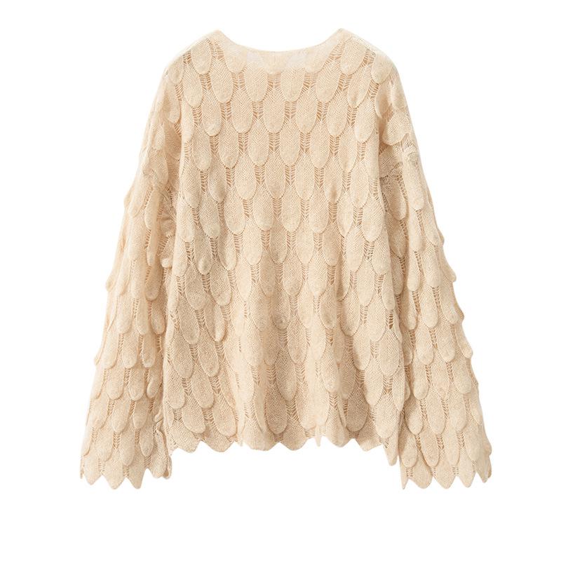 Cashmere Openwork Feather Knit Round Neck Long Sleeve Sweater