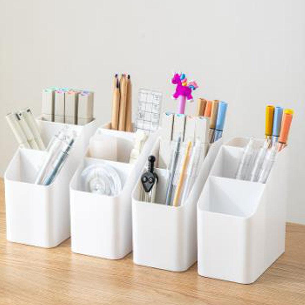Simple Brush-Colored Ballpoint Pen Holder - PC Desk Stationery Storage Box - 3-Section Multi-functional PC Misc Rack