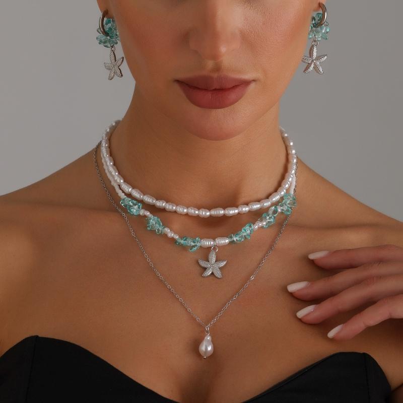 

Bohemian Trend Crushed Pearl Necklace Irregular Natural Stone Necklace Gift For Women Friends Starfish Pendant Jewellery синий