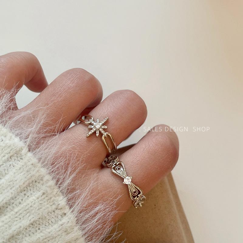 Korean Style Gold Zircon Butterfly Star Moon Adjustable Ring for Women - Exquisite High-End Design