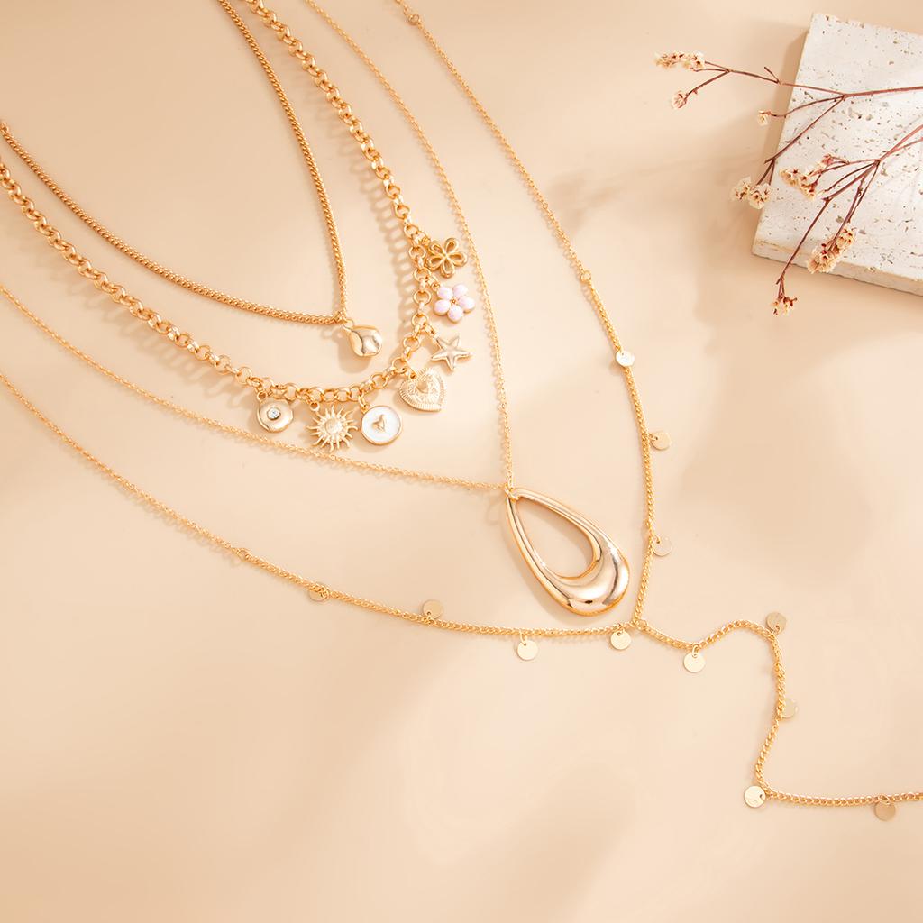 KunJoe 4 Pcs/set Bohemian Creative Oil Drip Metal Flower Heart Sun Pendant Necklace Women Trendy Gold Color Chain Jewelry Gifta