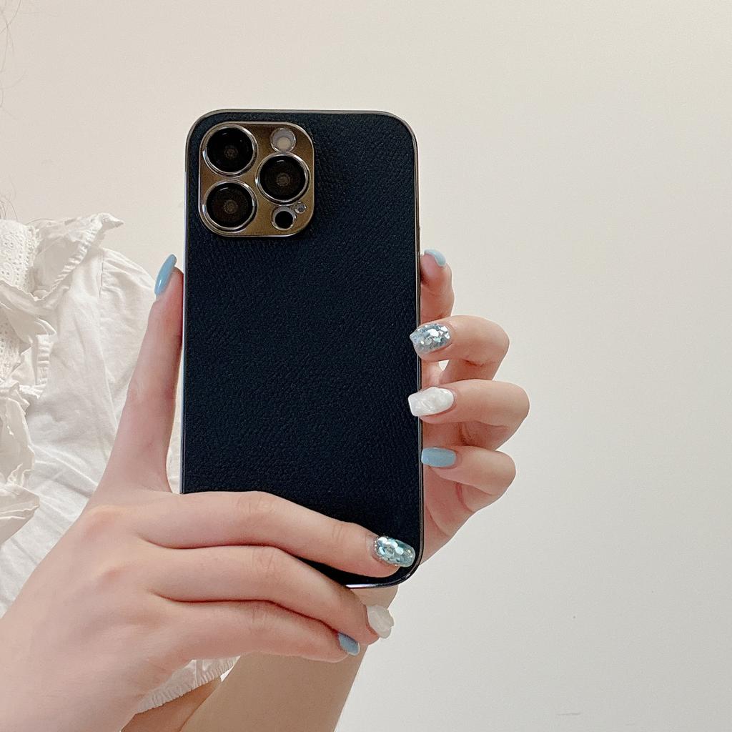 With Lens Film Lychee Texture Compatible with iPhone 16 Pro Max Apple 15 Phone Case 13/14 Niche Style