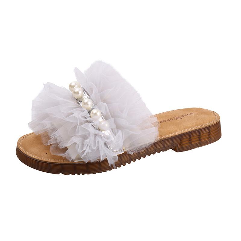 2025 Summer New Fairy Style Pearl Slippers Women Wear Flat Bottom Thin Bottom One Word Drag Beach Sandals with Skirt