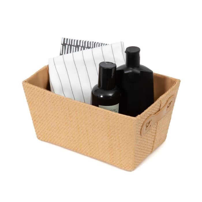 Panier De Rangement - Beverly - Beige - Papier Tissé - Poignées Simili Cuir - Armature Cartonnée