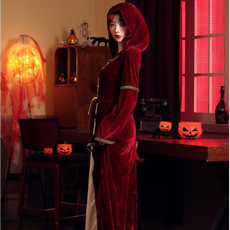 Halloween Costume Vintage European Medieval Gothic Dark Red Court Gown Stage Performance Dress Women