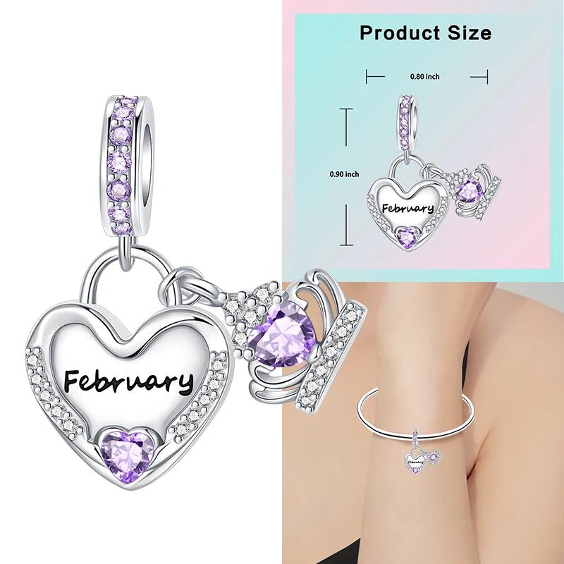 Copper 12 Months Birthstone Heart-Shaped Beads Charms Fit Original Bracelet Charm Beads Necklace Diy Female Jewelry