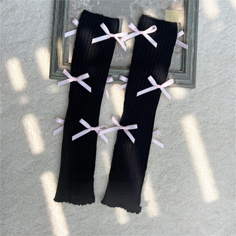 Women Japanese Style JK Girl Ribbed Knitted Leg Warmers Cute Small Bowknot Ruffled Hem Boot Cuffs Leg Cover Long Socks