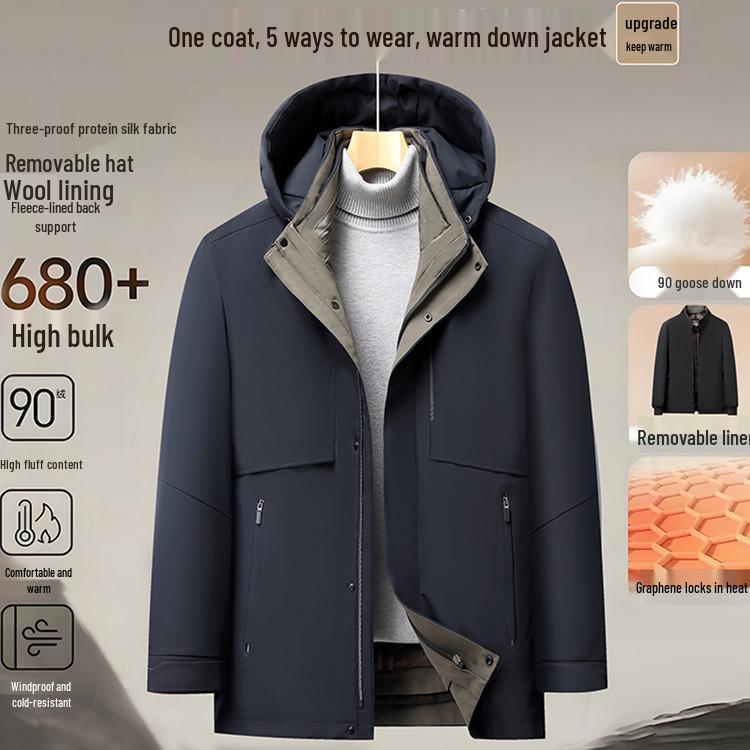 

Men s Winter Hooded White Goose Down Jacket for Middle-Aged and Elderly: Windproof and Cold-Proof Dad Coat L темно-синього кольору