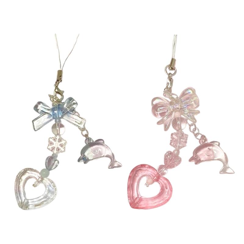 Heart Bowknot Dolphin Pendant Phone Charm Hangings Rope Sweet Phone Chain Strap Bag Decoration Keychain Accessory
