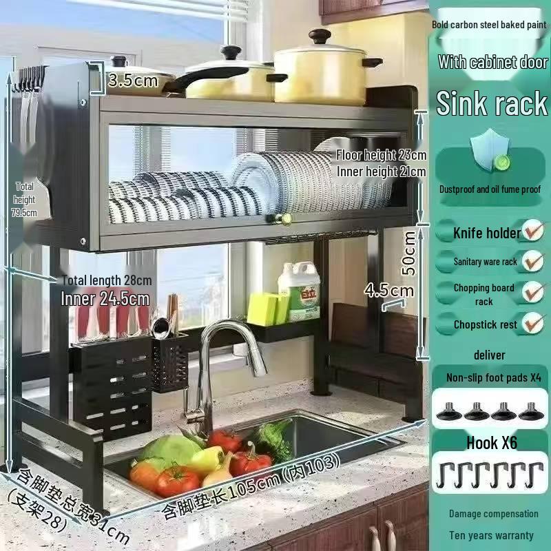 Multi-functional Kitchen Sink Cabinet Rack: Dustproof Countertop Storage for Bowls, Plates, and Dishes with Drainage.