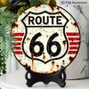 Płaskie, Dwuwymiarowe, Styl Retro, Wysokiej Klasy Aluminiowa Dekoracja Ścienna, Dostępna w Różnych Rozmiarach. Znak Route 66 w kształcie tarczy. Nadaje się do wewnątrz i na zewnątrz