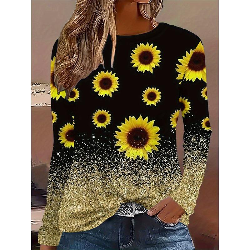 Round Neck 3D Flower Pattern Top Casual Long Sleeved Women's T-shirts - Soft Medium Stretch Polyester Fabric Spring and Autumn Relaxed Fit Clothing
