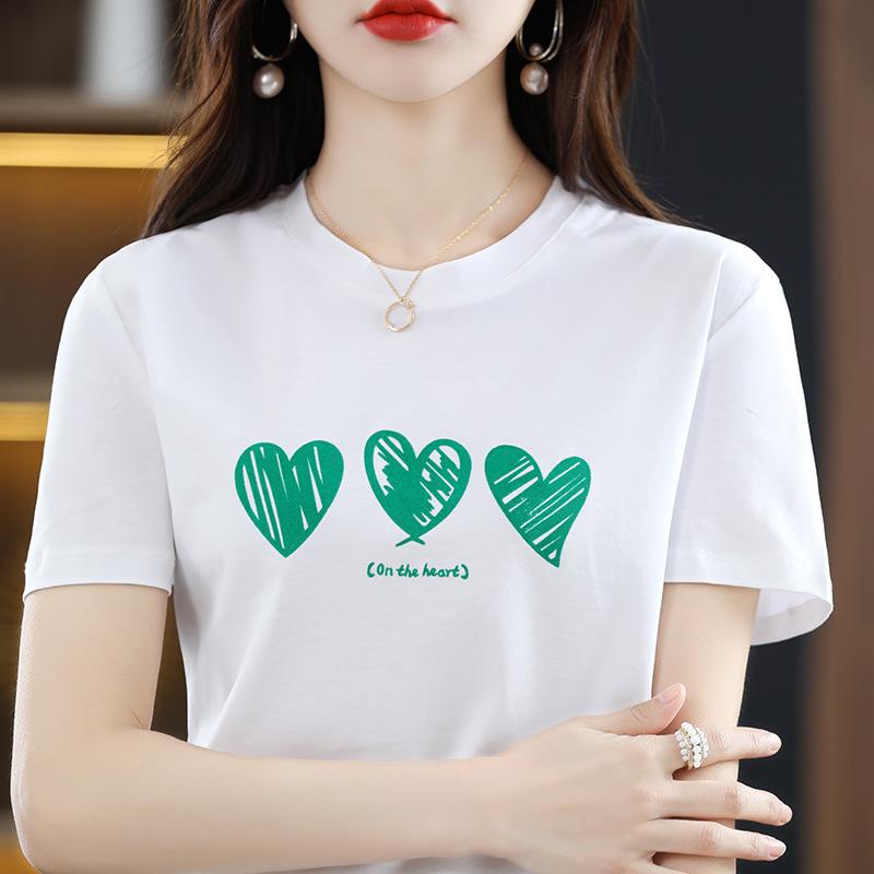 New Summer Mercerized Cotton T-shirt for Women Round Neck Slim and Versatile Printed Cotton Thread Short-sleeved Slim Korean Top