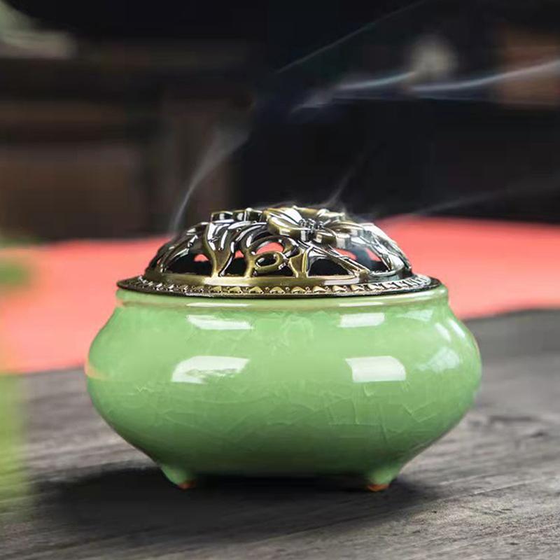 Incense Burner With Lid Hollow Top Censer Holder Heat Resistance Incense Tower Ice Crack Pattern Peaceful Mind Censer Burner
