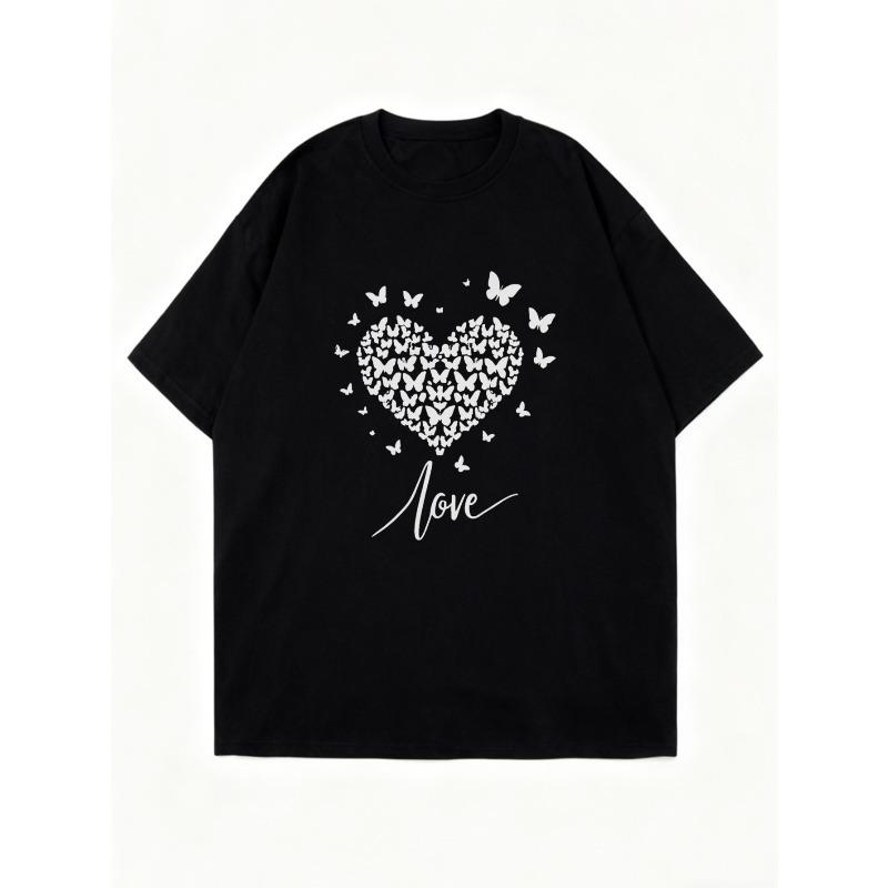 Oversized T Shirt Black Heart Butterfly Print Love Text Casual Wear For Women Summer Outfits Streetwear Fashion Top