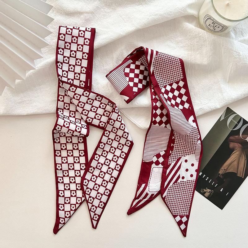 Luxury  Scarf Red Stripe Printing Women Scarf Bag Hair Skinny Silk Scarves Lady Foulard Neckerchief Headband